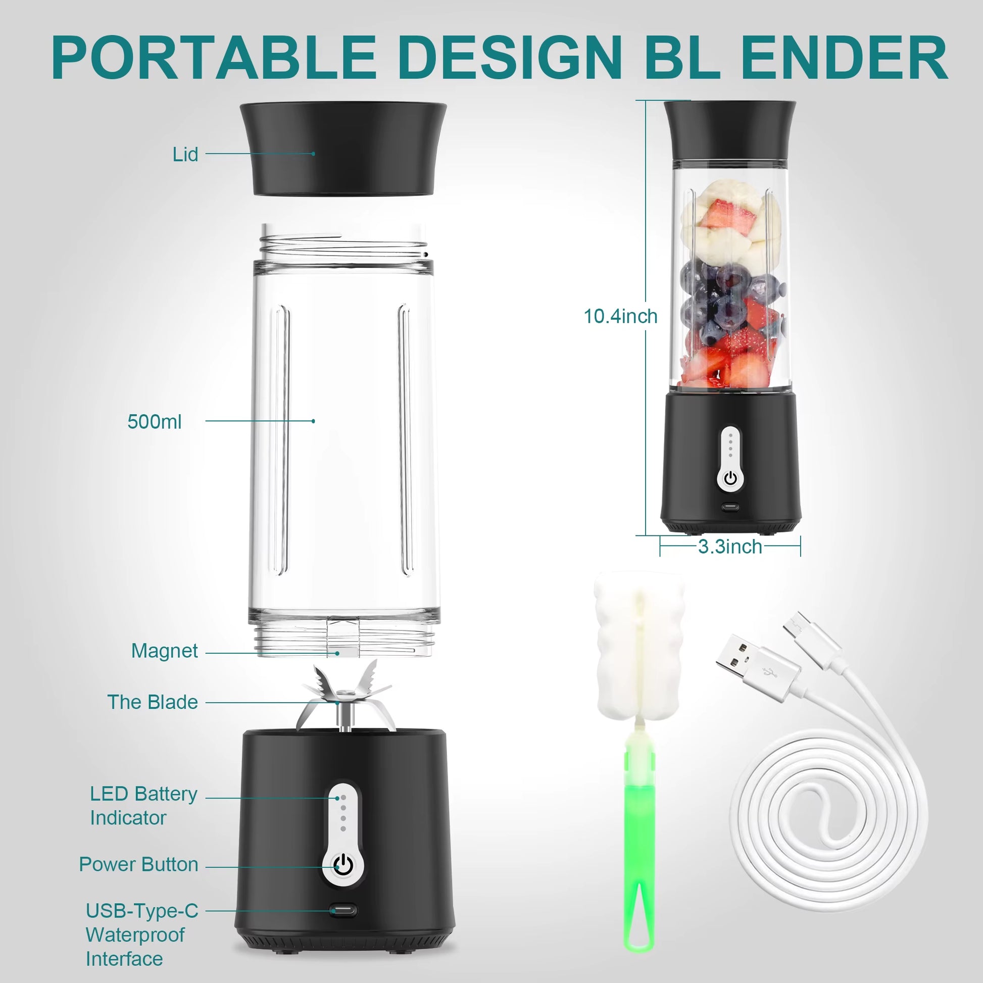 Mini Blender for Shakes and Smoothies 500Ml Personal Blender with Rechargeable USB Two Bottles Travel Blenders